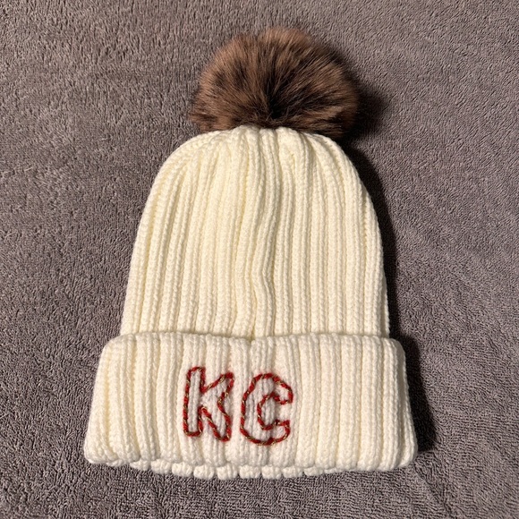 KC hand embroidered cream knitted beanie- adult size - Picture 2 of 5